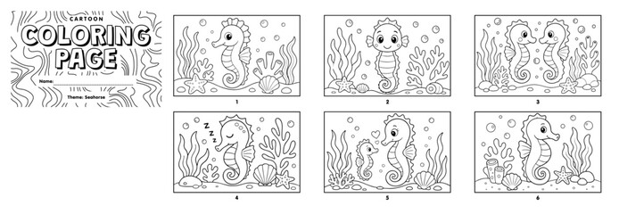 A printable sheet of six cartoon-style seahorse coloring pages featuring simple underwater ocean scenes. © Hokyubi
