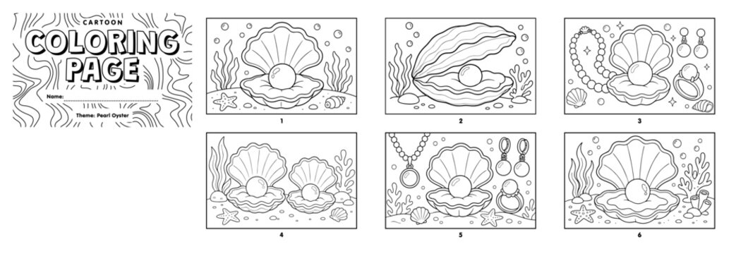 A black-and-white printable kids' worksheet featuring six panels of cartoon pearl oysters, shells, and pearl jewelry in various underwater scenes.