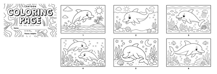 A printable, cartoon-style dolphin coloring sheet designed for kids. © Hokyubi
