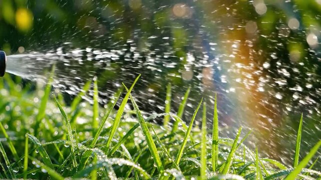 Water spraying from garden nozzle onto lush green grass with rainbow effect
