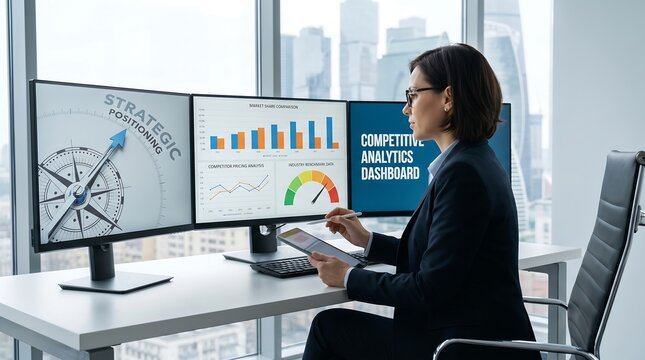Businesswoman analyzing competitive analytics dashboard on dual monitors.