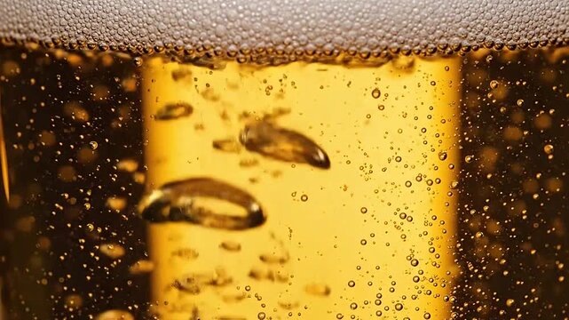 Close up of golden beer with rising bubbles and white foam head