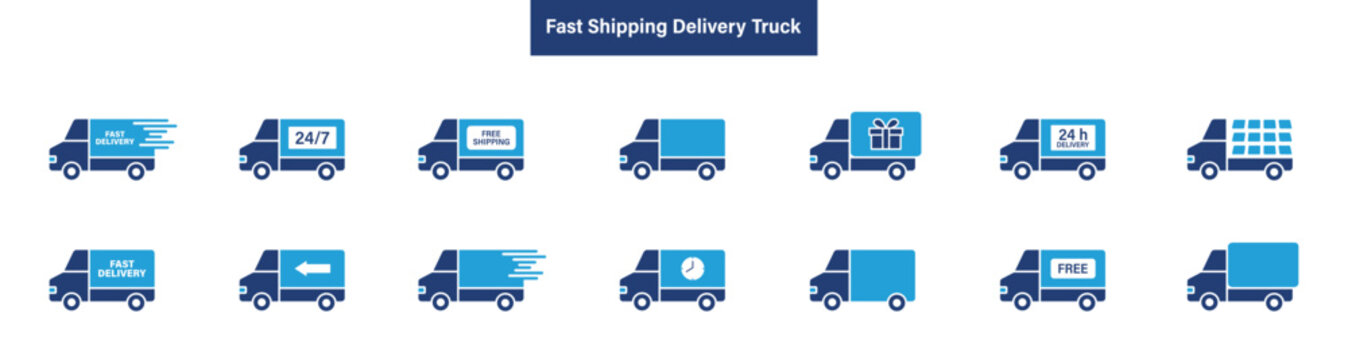 Delivery truck icon set &ndash; fast shipping and logistics transport silhouette vector pack. Fast shipping delivery truck icon set, free delivery sign, free and express 24 hours shipping service icon.