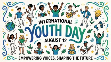 Fototapeta premium International Youth Day hand drawn illustration with diverse group of young people celebrating