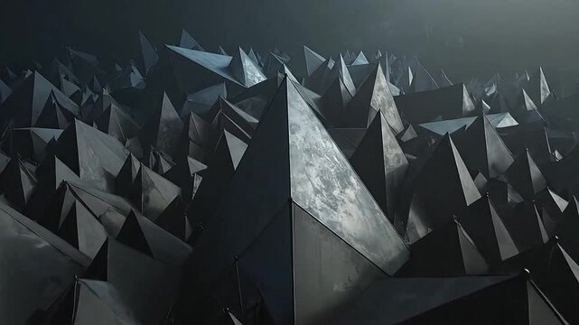 Abstract field of dark metallic pyramids under a dim atmospheric light
