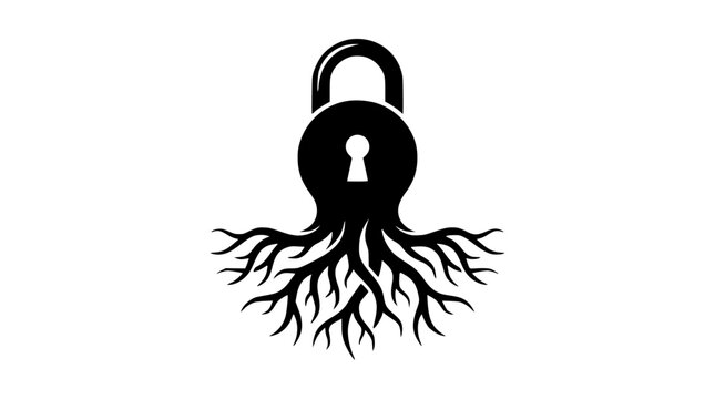 Deep-rooted security concept a robust padlock with intertwining roots symbolizing unbreakable protection, foundational strength, and secure growth in digital and physical realm