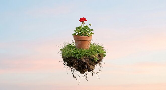 Flower pot floating on tiny grassy island surreal freedom imagination