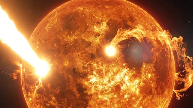 A massive glowing sun emits powerful solar flares into the dark void of outer space