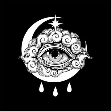 Eye with crescent moon, star, clouds, and three tears