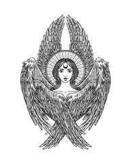 Obraz premium Six-winged angel with crescent moon halo – Seraphim illustration