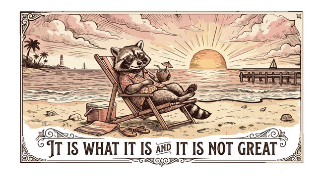 Funny Raccoon Relaxing Beach Chair Ocean Sunset Vintage Engraving Humor Quote Retro Pink T-Shirt Graphic White Background