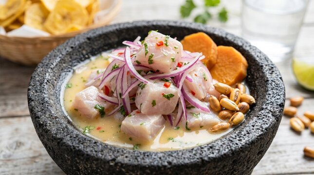 Peruvian Ceviche in Stone Bowl with Lime-Cured Fish and Plantain Chips
