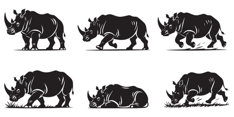 Rhinoceros Vector Set in Different Poses Isolated Wildlife Animal Silhouette Collection © maxsabbir07