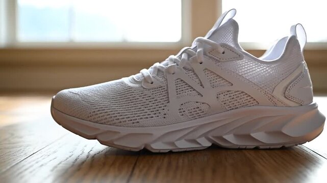 White athletic sneaker on wooden floor in bright sunlit room