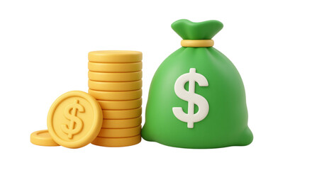 A green money bag with a white dollar sign sits beside a stack of gold coins and a single coin on the ground in a financial illustration. © bangnazir