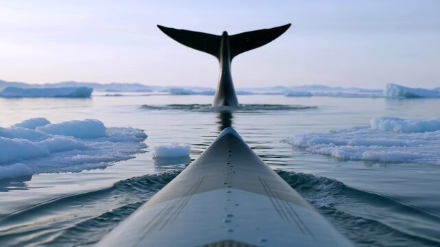 paddleboard nose cutting through icy water with distant whale tail breach in soft focus, cinematic close perspective highlighting arctic exploration, cold ocean atmosphere, serene wildlife encounter
