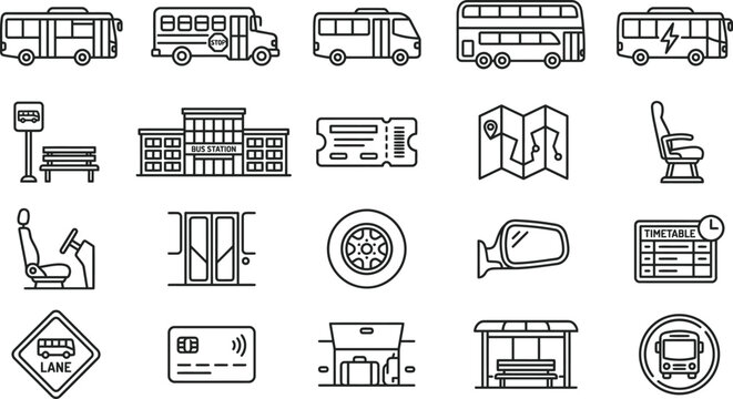 A comprehensive collection of black and white vector bus transportation icons for modern graphic design projects