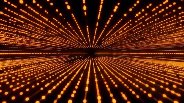 Digital Light Tunnel: An abstract visualization of a digital tunnel formed by countless glowing orange lights stretching into a dark, infinite abyss.