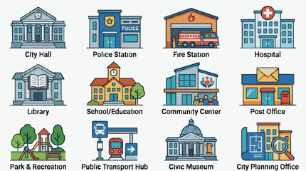 Fototapeta premium Illustrated Public Buildings Icon Set.