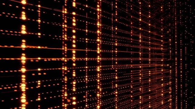 Digital Matrix of Light: An abstract visual representing a network of glowing orange lights forming a digital matrix, suggesting data flow and connectivity in a dark, futuristic space.