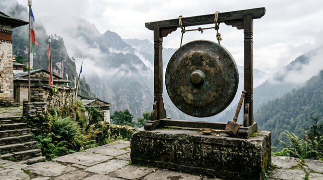 Ancient Patinated Bronze Gong Hanging in a Mountain Temple Setting with Prayer Flags and Prayer Wheel