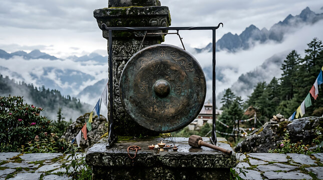 Ancient Temple Gong on Stone Pedestal Amidst Misty Himalayan Mountains