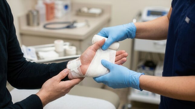 Close-up of doctor bandaging a patient's burned hand indoors in medical indoors, closeup