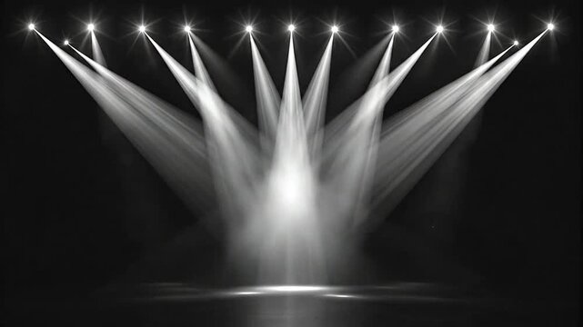 Bright white spotlights illuminate a dark empty stage floor