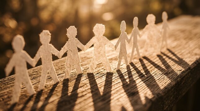 A golden chain of paper souls standing together in the warm glow of unity and universal brotherhood.