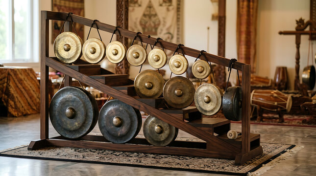 Tiered bronze gongs arranged on a stepped wooden platform, a traditional percussion instrument display.