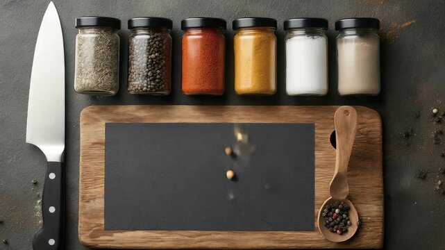 Top view of a rustic kitchen setup featuring a cutting board, assorted spices in glass jars, a sharp knife, and a wooden spoon with colorful peppercorns. Perfect for food blogs and cooking tutorials