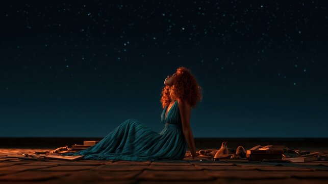woman stargazing under a starry night sky