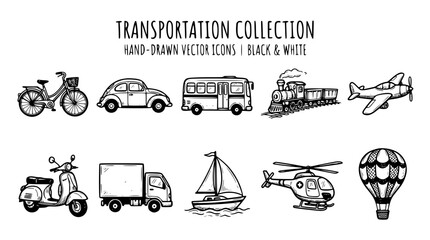 Obraz premium Handdrawn transportation collection, set of various travel vehicles