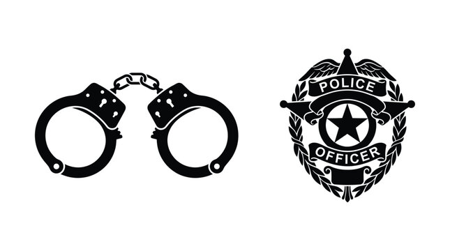 Handcuffs And Police Badge Silhouette On A White Background