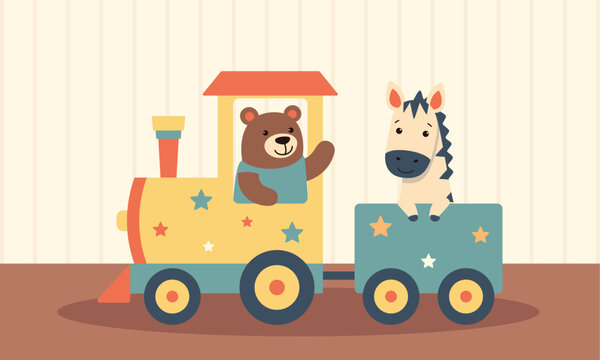 Bear and and zebra with locomotive vector illustration