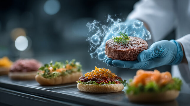 Food technician wearing blue protective gloves carefully places a raw burger patty onto a bun while digital bio-molecular graphics surround the food item.