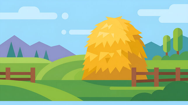 Rural countryside landscape with haystack vector illustration