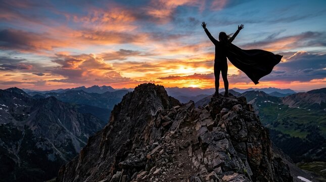 Superwoman as a symbol of victory and strength, standing atop rock against Winner hero concept with in dark