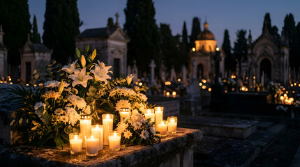 Fototapeta premium Candles and flowers adorning a grave at night.