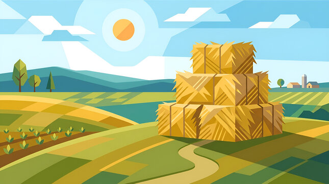 Geometric haystack vector landscape with farm field illustration