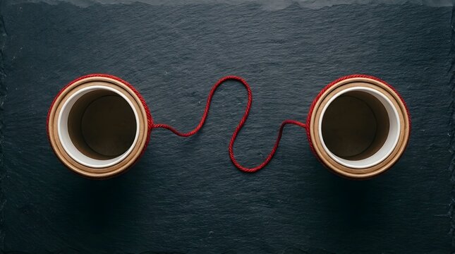 A thin crimson thread weaving a silent bridge of connection between two distant hollow worlds