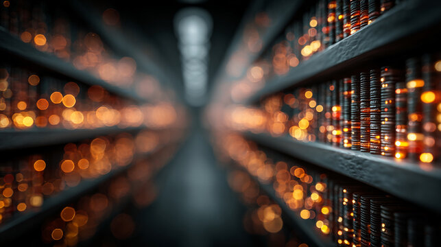Data server racks stretch into a deep perspective while glowing lights indicate active information processing.