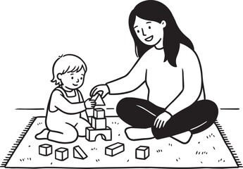 Minimalist family lifestyle vector set. Black and white line art of parents and child reading and playing together.