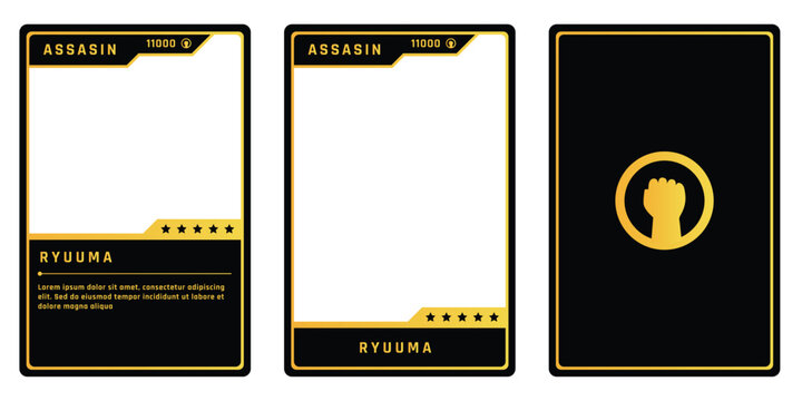 A set of three black and gold action trading card templates featuring a gold circular emblem, bold yellow character badges, black card back design, character name and role name placeholders.