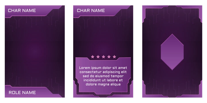 A set of three deep purple fantasy trading card templates with a glowing diamond/gem icon, gradient borders, character name fields, star ratings, and role name labels.