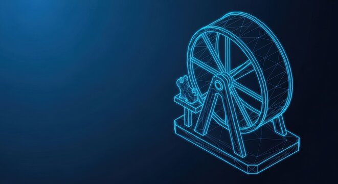 Stylized wireframe illustration of a hamster running on a wheel, representing activity and pursuit