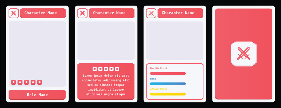 Set of four pink and red minimalist trading card templates featuring bold X icons, pastel backgrounds, color-coded stat bars, star ratings, and character name fields. Perfect for casual, anime.
