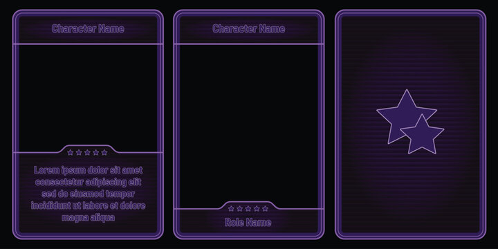 A set of three dark purple fantasy trading card templates featuring glowing purple star icons, ornate borders, character name fields, star rating system, and role name placeholder.