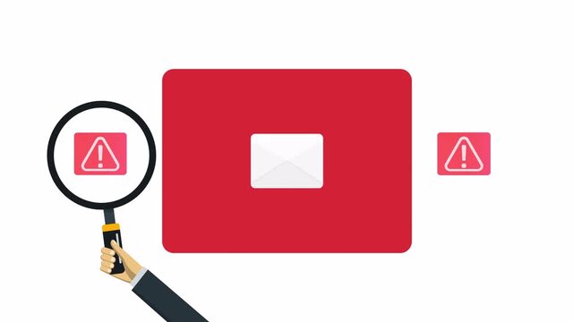 4K animation of hand holding magnifying glass to detecting malicious emails with warning alert signs. Concept of suspicious messages under investigation, highlighting phishing threats, and scam alerts