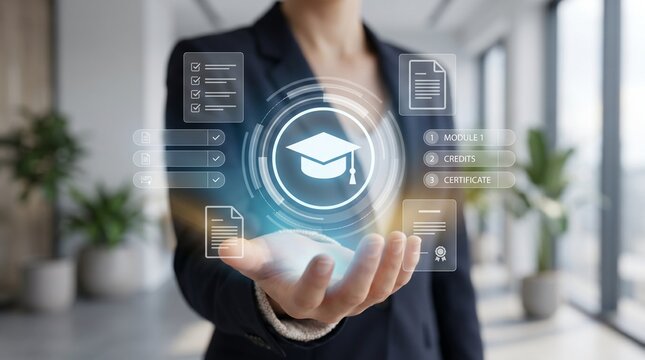 Business professional holding virtual education module interface with digital certificate icon and learning modules displayed in air for online training and academic development